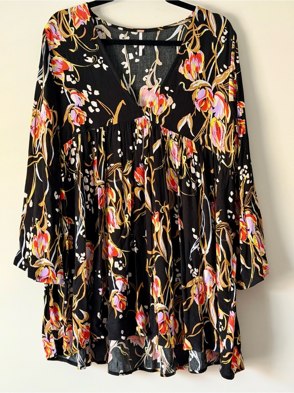 Free People Bella Print Tunic Babydoll Top- Onyx Black with Gold Accents